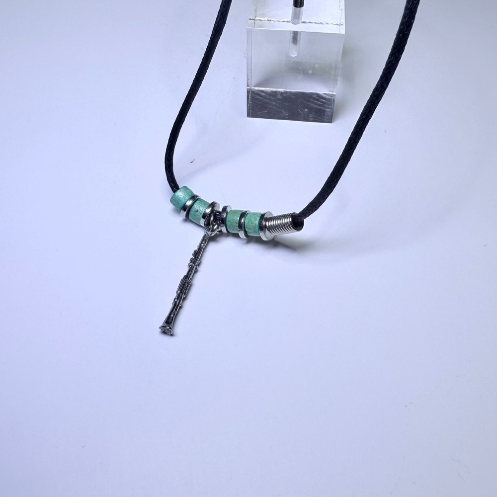 Clarinet Instrument Charm Necklace‎ Teal Wood Beads Black Cord Adjustable Silver